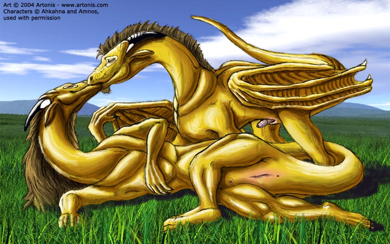 akhahna amnos anus artonis dragon duo eyes_closed female feral feral_on_feral horn kissing lying male penis pussy scalie straight wings yellow_dragon