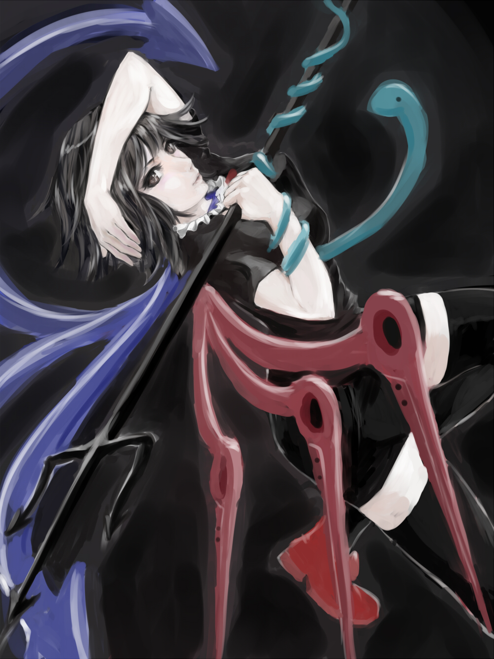 arm_on_head asymmetrical_wings black_background black_dress black_hair dress gradient gradient_background grey_eyes highres houjuu_nue kazu_(rakugakino-to) leaning_back leg_up lips looking_at_viewer nose polearm short_hair snake solo thighhighs touhou trident weapon wings zettai_ryouiki