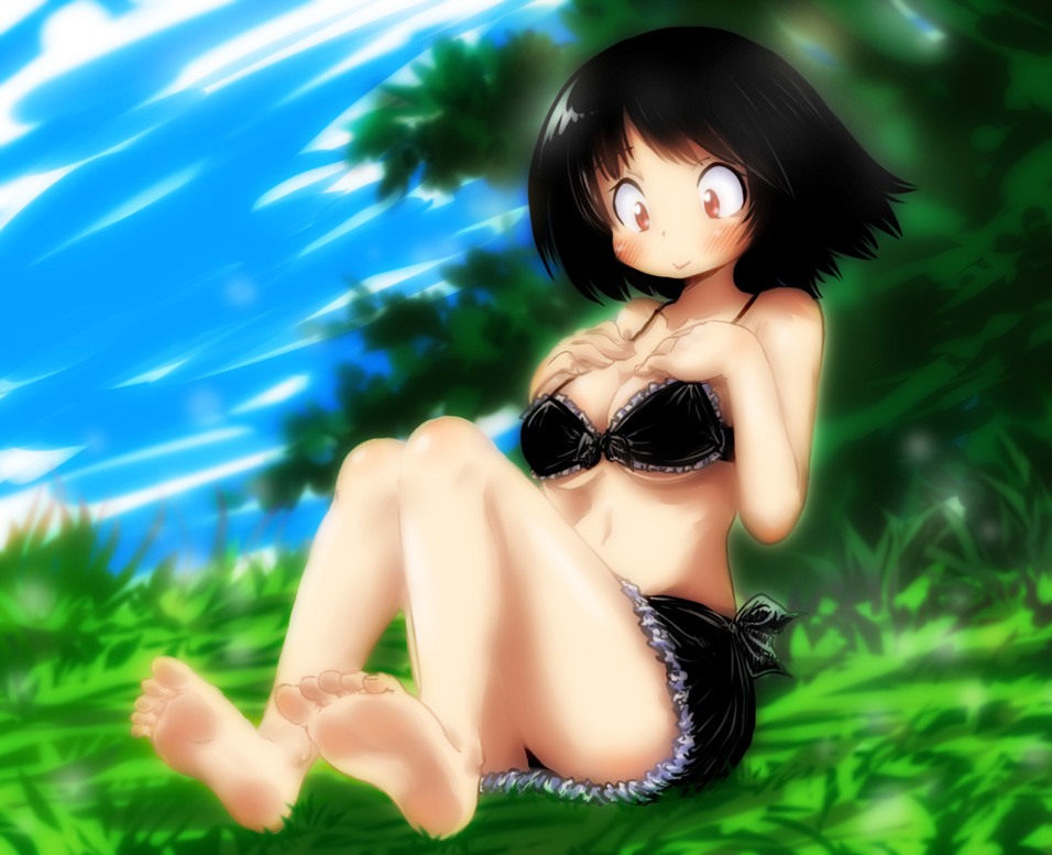 1girl barefoot black_hair blush breasts cleavage feet hands_on_own_chest nature original outdoors rokuroubuna sarong short_hair sitting sky soles solo swimsuit toes
