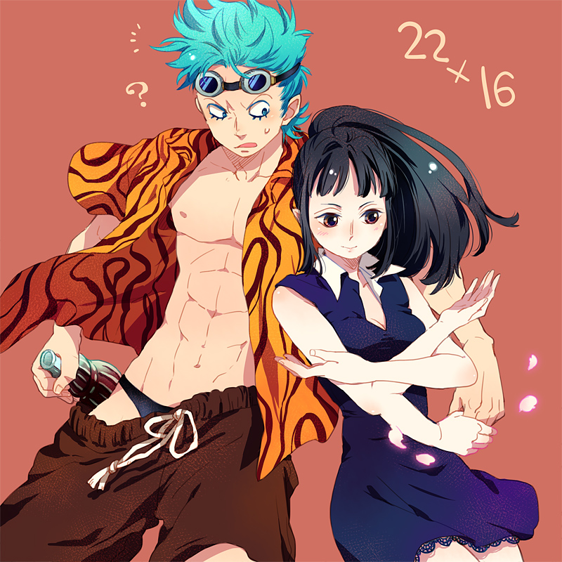 1girl ? abs black_hair blue_eyes blue_hair blush bottle breasts brown_eyes cleavage confused crossed_arms dress extra_arms franky goggles goggles_on_head guttary long_hair male_underwear medium_breasts muscle nico_robin one_piece open_clothes open_shirt orange_shirt pants petals ponytail shirt short_hair simple_background spiked_hair underwear undressing younger