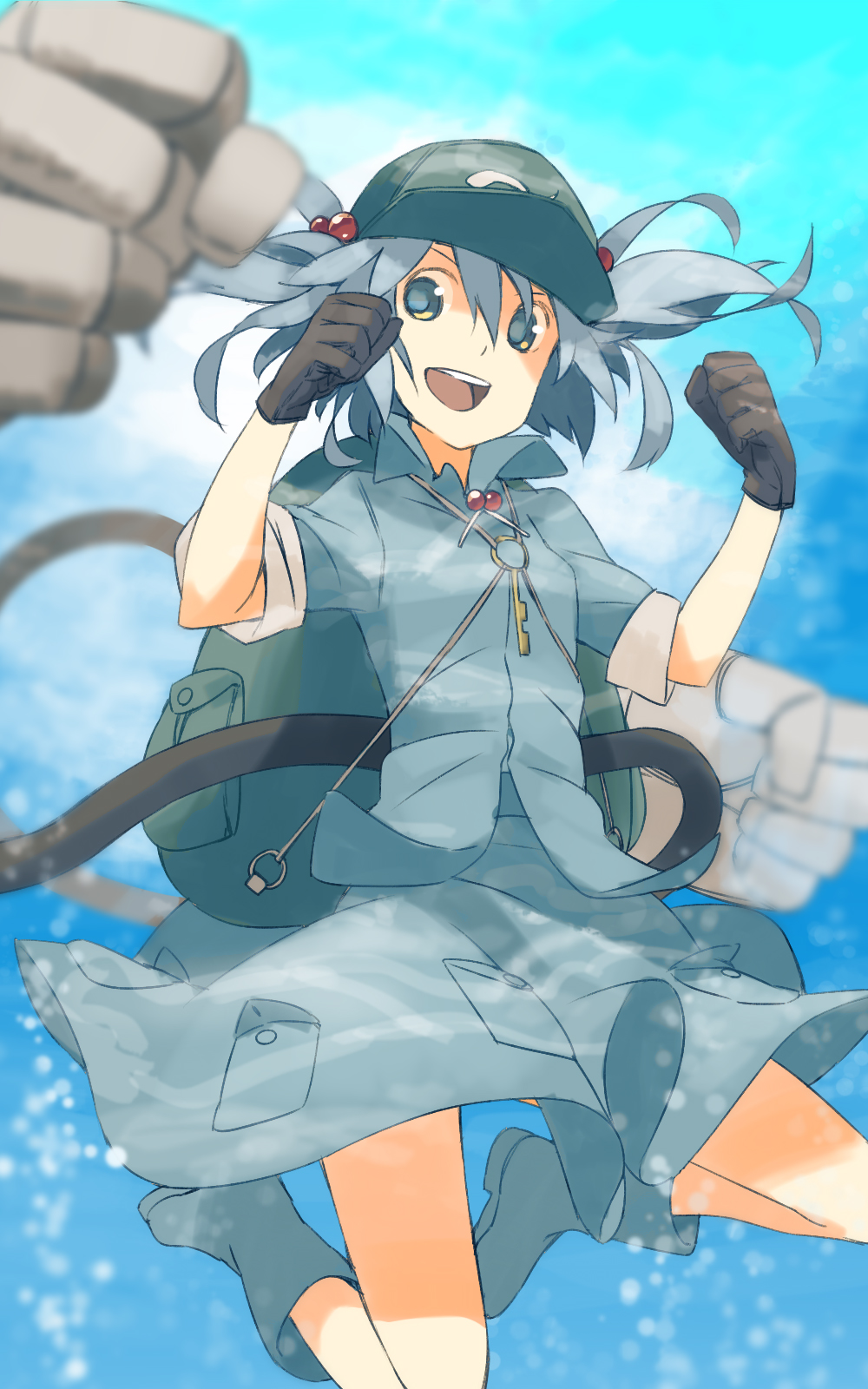 backpack bad_id bad_pixiv_id bag black_gloves blue_eyes blue_hair boots gloves hair_bobbles hair_ornament hat highres kawashiro_nitori looking_at_viewer mechanical_arms open_mouth rubber_boots seu_kaname shirt skirt skirt_set sleeves_folded_up sleeves_rolled_up smile solo touhou two_side_up