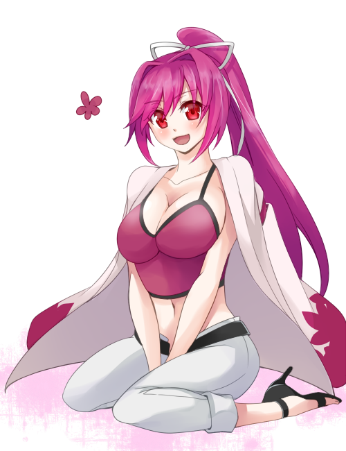 bad_id bad_pixiv_id blush breasts camisole capri_pants cleavage hair_intakes hair_ribbon haori high_heels japanese_clothes large_breasts long_hair midriff navel open_fly pants pants_rolled_up ponytail purple_hair red_eyes ribbon riko_(setsugetsuca) sandals sitting smile solo stiletto_heels transparent_background under_night_in-birth unzipped v_arms wariza yuzuriha_(under_night_in-birth)