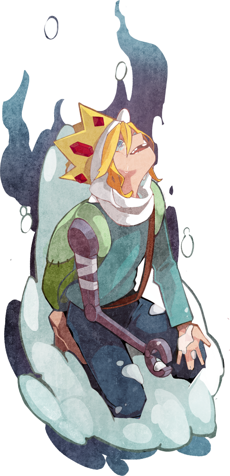 adventure_time blonde_hair blue_eyes crown finn_the_human highres male_focus mechanical_arm snow solo transparent_background zorim