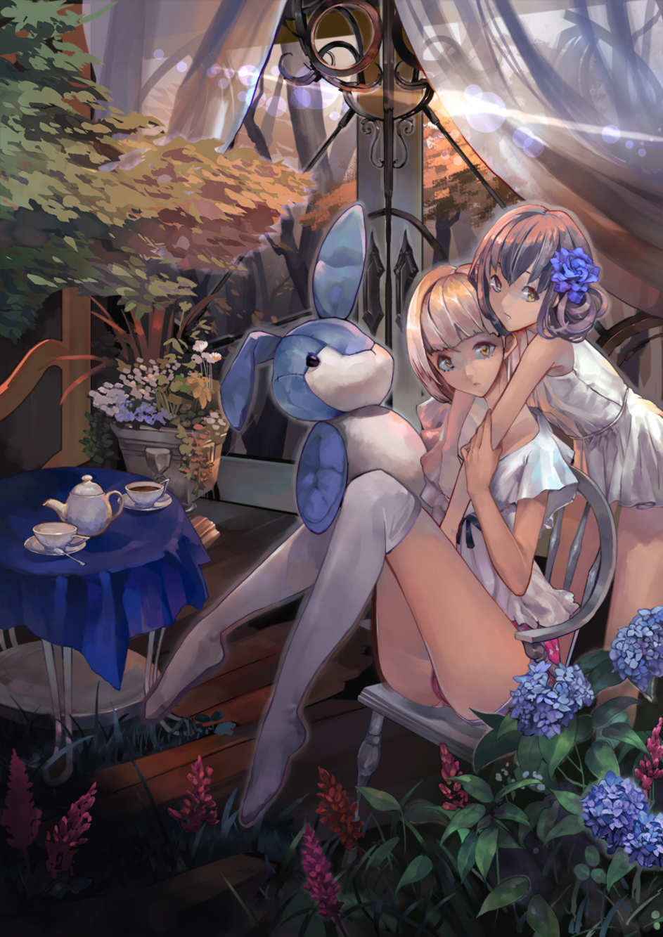 arm_grab blonde_hair brown_hair cup curtains diet_sence dress flower hair_flower hair_ornament highres hydrangea multiple_girls original over-kneehighs plant potted_plant short_hair shorts siblings sisters spoon stuffed_animal stuffed_bunny stuffed_toy table tablecloth teacup teapot thighhighs yellow_eyes