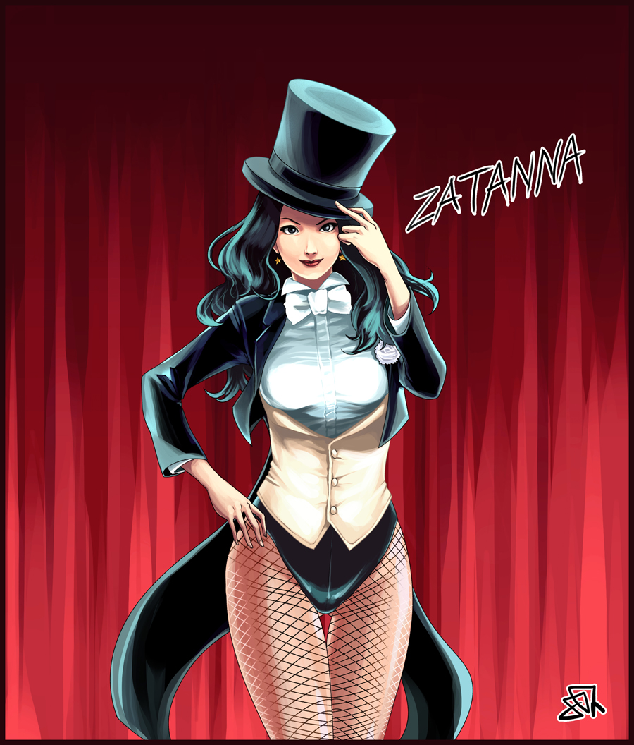 adjusting_clothes adjusting_hat black_hair blue_eyes blush breasts character_name curtains dc_comics earrings fishnet_pantyhose fishnets flower hat jdg jewelry large_breasts leotard lipstick long_hair magician makeup pantyhose rose smile solo star top_hat white_flower white_rose zatanna_zatara
