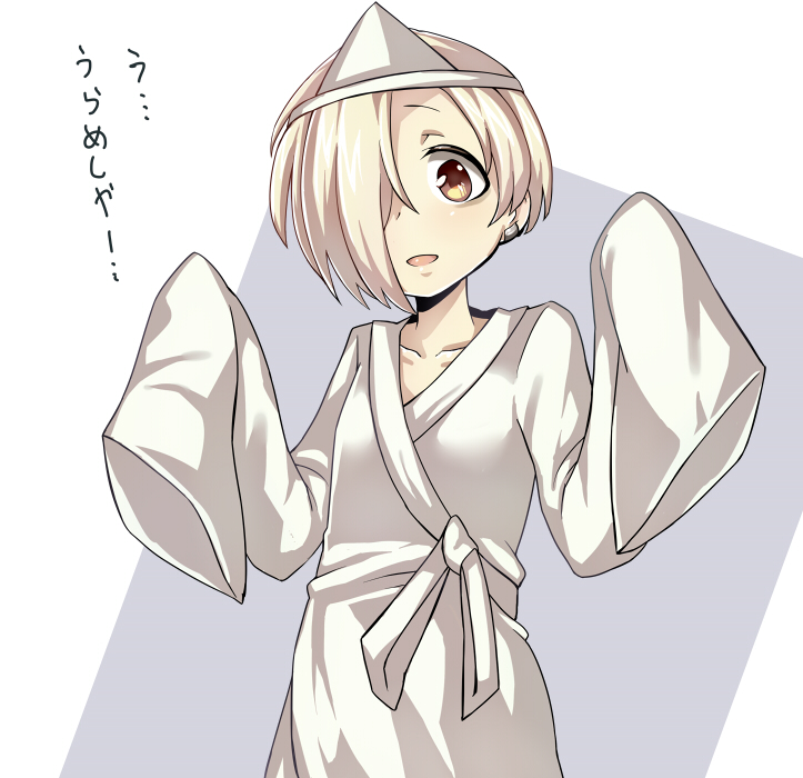 bags_under_eyes blonde_hair brown_eyes collarbone earrings gagaga hair_over_one_eye idolmaster idolmaster_cinderella_girls japanese_clothes jewelry kimono looking_at_viewer open_mouth shirasaka_koume shiroshouzoku short_hair sleeves_past_fingers sleeves_past_wrists smile solo translation_request triangular_headpiece two-tone_background wide_sleeves