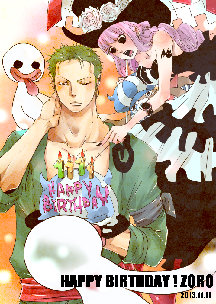 1boy 1girl 2013 bangs bat_(symbol) birthday blunt_bangs cake character_name dress earrings food ghost green_hair jewelry kumacy kuraigana_island nail_polish one-eyed one_piece perona pink_hair red_umbrella robe roronoa_zoro sash scar shueisha tattoo umbrella wristwatch yagami_(mizuyuna14)