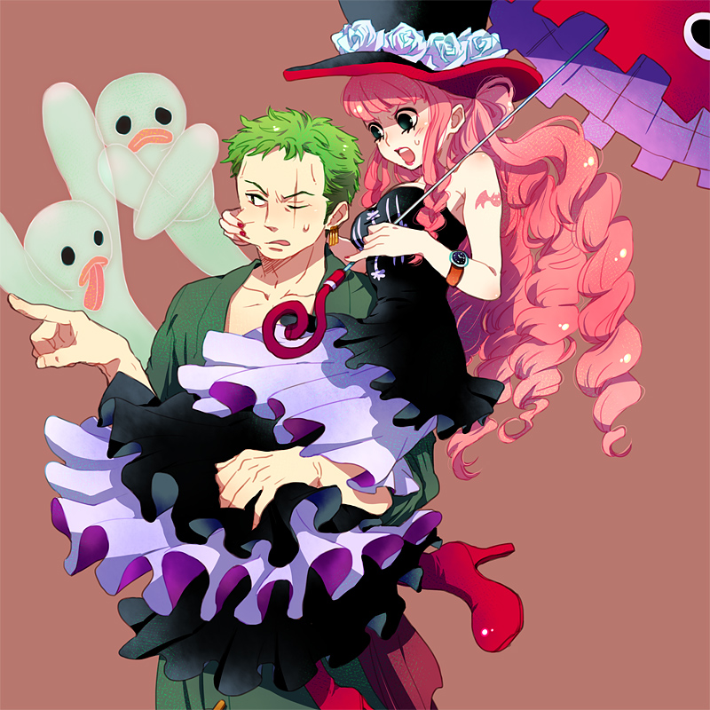 1girl black_dress black_eyes blush boots carrying couple dress earrings ghost green_eyes green_hair guttary hetero high_heels japanese_clothes jewelry long_hair one-eyed one_piece open_mouth perona pink_hair roronoa_zoro scar short_hair simple_background tattoo umbrella very_long_hair watch wristwatch