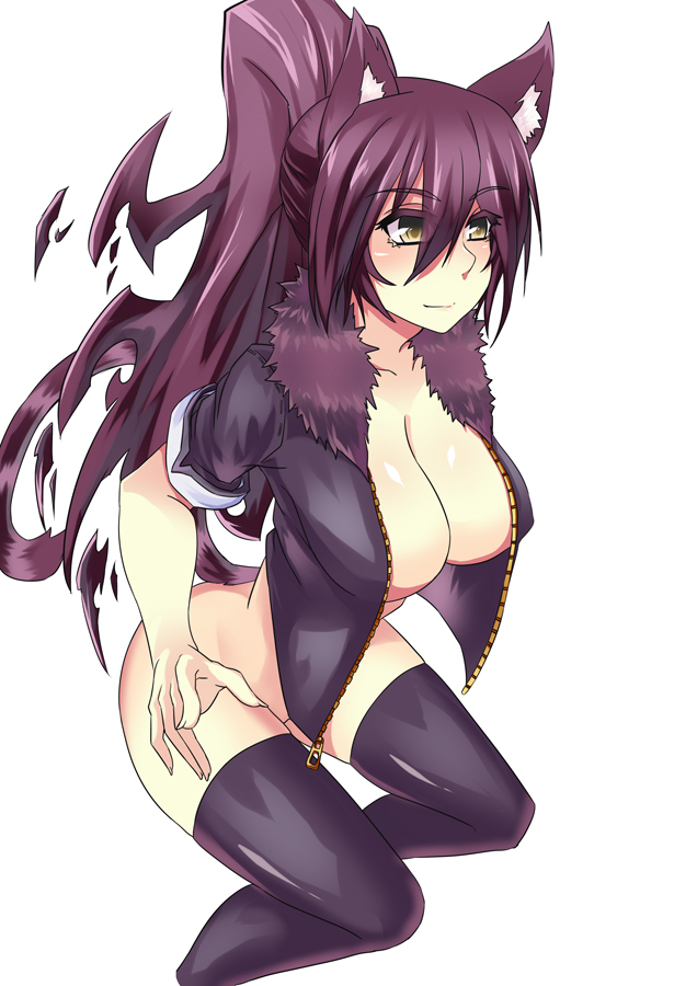 animal_ears big_breasts blush breasts cat_ears catgirl cleavage clothed clothing female hair large_breasts legwear nightmare-doom ponytail purple_hair smile solo thigh_highs thighhighs yellow_eyes