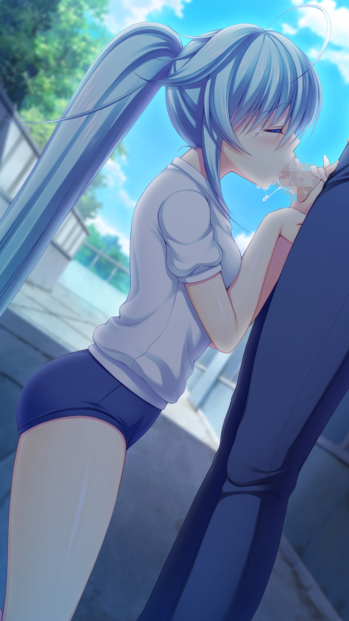 1girl applique_(company) asami_asami azurite blue_hair blush censored eyes_closed game_cg gym_uniform long_hair penis ponytail re:birth_colony