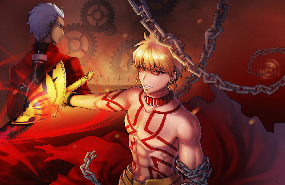 archer bad_id bad_pixiv_id blonde_hair chain dark_skin dark_skinned_male ea_(fate/stay_night) earrings enkidu_(weapon) fate/stay_night fate_(series) gears gilgamesh jewelry multiple_boys red_eyes riring shirtless tattoo unlimited_blade_works white_hair