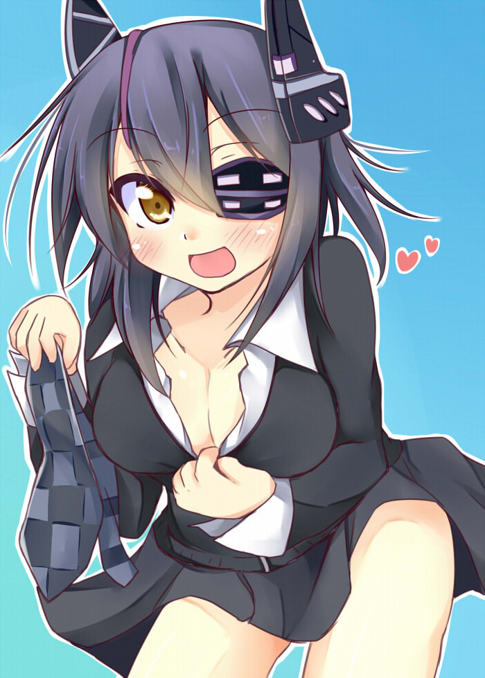 black_hair breasts checkered checkered_neckwear cleavage dress_shirt eyepatch heart kantai_collection kuzumomo large_breasts necktie open_mouth shirt shirt_pull skirt smile solo tenryuu_(kantai_collection) yellow_eyes