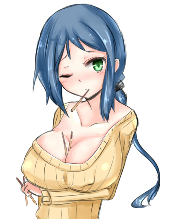 1girl between_breasts blue_hair blush breasts collarbone covered_nipples erect_nipples erect_nipples_under_clothes green_eyes gundam gundam_build_fighters iori_rinko large_breasts long_hair milf naigou ponytail ribbed_sweater solo sweater turtleneck wink