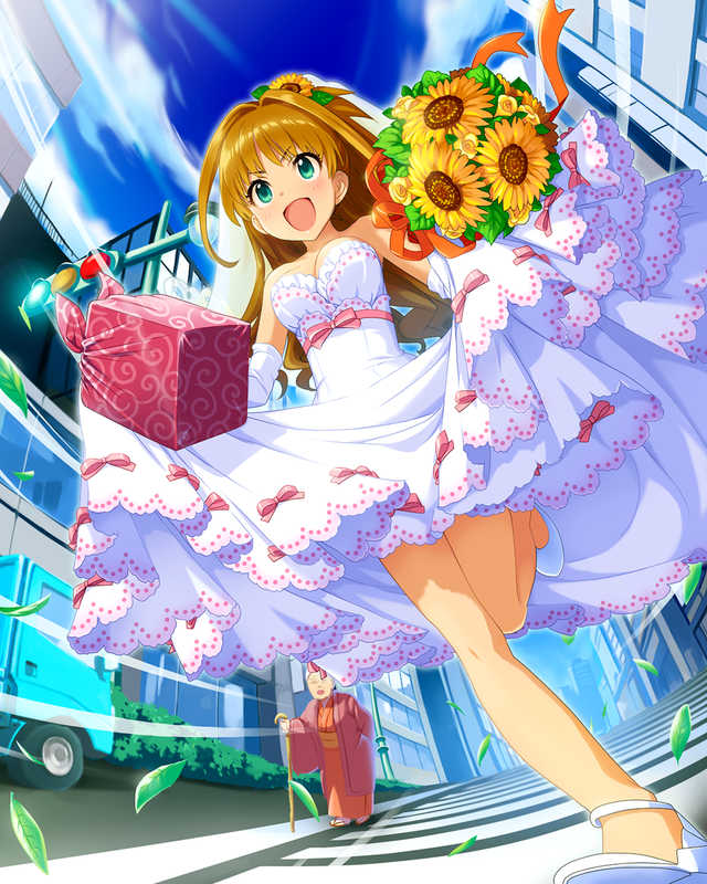 artist_request bare_shoulders bouquet breasts brown_hair cleavage dress elbow_gloves flower gloves hino_akane_(idolmaster) idolmaster idolmaster_cinderella_girls medium_breasts official_art open_mouth ponytail sunflower wedding_dress