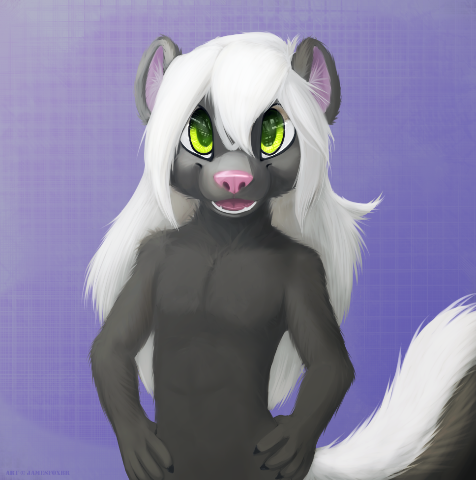 anthro black_fur cute fur green_eyes hair invalid_color jamesfoxbr long_hair looking_at_viewer male mammal nude open_mouth plain_background skunk smile solo standing teeth tongue