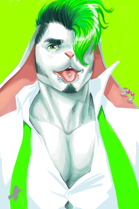 clothing detailed ear_piercing facial_hair facial_piercing goatee green_eyes green_hair hair lagomorph lip_piercing male mikalapine muscles necktie pecs piercing plain_background rabbit rory_(mikalapine) shirt sideburns tongue tongue_out tongue_piercing