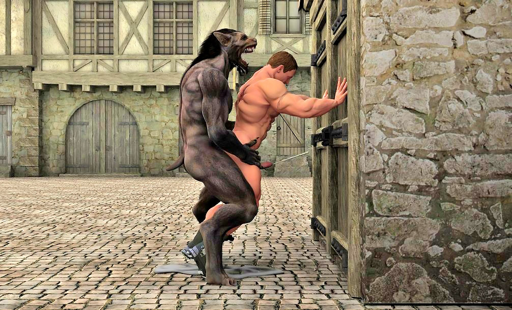 against_wall anal anal_penetration anthro beast canine cum cumshot detailed_background duo erection from_behind gay hands-free human human_on_anthro interspecies male mammal nude open_mouth orgasm outside penetration penis sex side_view standing were werewolf