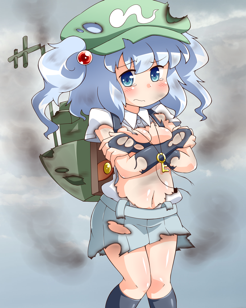 backpack bag blue_background blue_eyes blue_hair blush breast_squeeze breasts bridal_gauntlets burnt_clothes covering covering_breasts crossed_arms frown hair_bobbles hair_ornament hat jinnouchi_akira kantai_collection kawashiro_nitori key kneehighs knees_together looking_at_viewer medium_breasts navel parody short_hair skirt skirt_set smoke solo tears touhou two_side_up