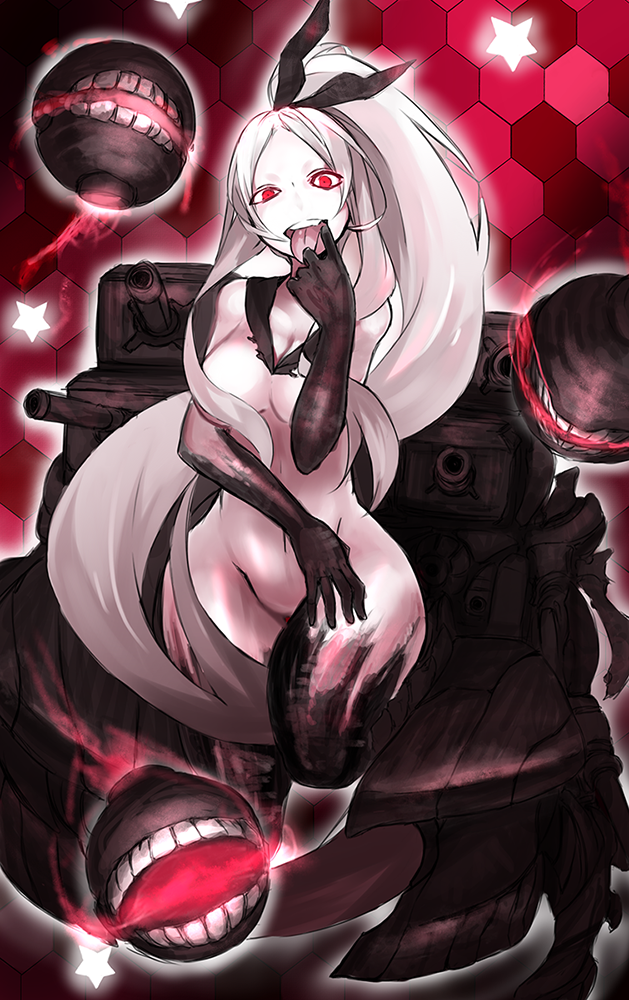 armored_aircraft_carrier_hime breasts ganesagi gloves glowing glowing_eyes kantai_collection long_hair medium_breasts nude pale_skin red_eyes shinkaisei-kan solo white_hair