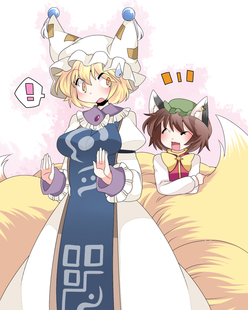 2girls animal_ears blonde_hair blush brown_hair cat_ears chen commentary fox_tail hammer_(sunset_beach) hat jewelry long_sleeves multiple_girls multiple_tails open_mouth short_hair single_earring smile sweatdrop tail touhou yakumo_ran yellow_eyes
