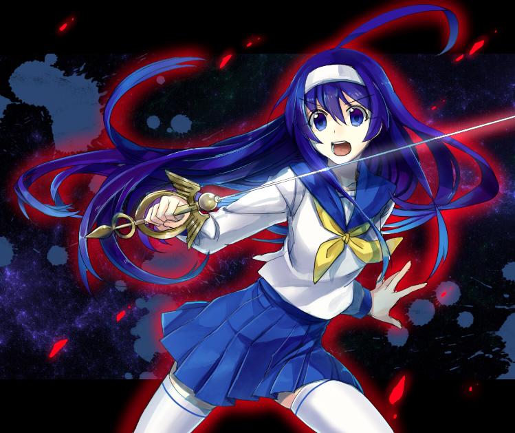 ahoge alternate_costume banned_artist blue_eyes huge_ahoge open_mouth orie_(under_night_in-birth) pleated_skirt purple_hair rapier school_uniform serafuku skirt solo sword thighhighs under_night_in-birth weapon white_legwear yusano