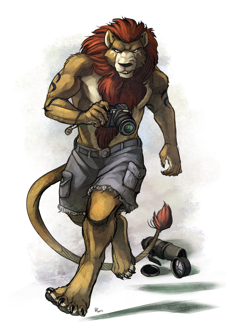 biceps black_nose body_hair camera chest_tuft claws clenched_teeth clothing feline fur hair happy_trail lion looking_at_viewer male mammal muscles nikon pecs plain_background red_hair running shadow shorts snarling solo teeth toe_claws toned tuft white_background yellow_body yellow_fur