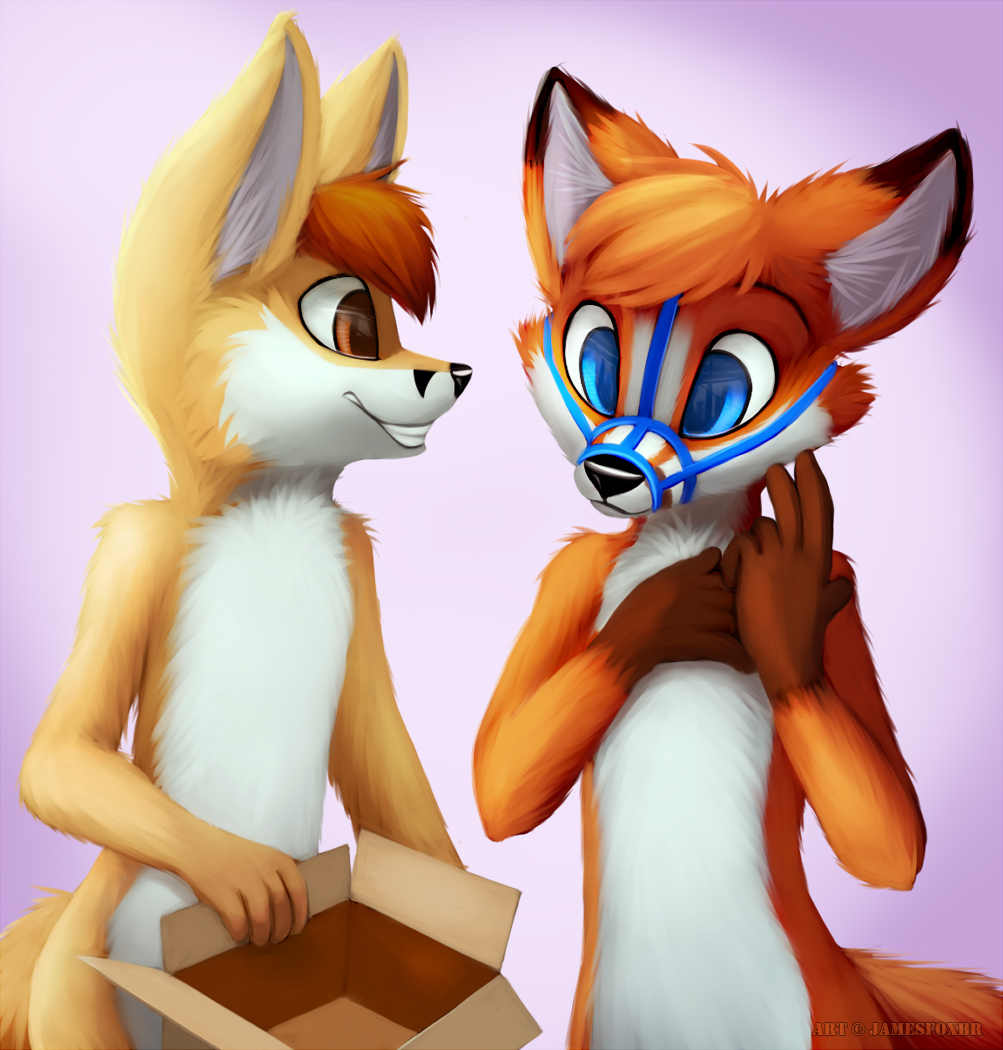 anthro blue_eyes canine cute duo fox fur hair jamesfoxbr male mammal muzzle_(object) muzzled plain_background smile solo standing teeth