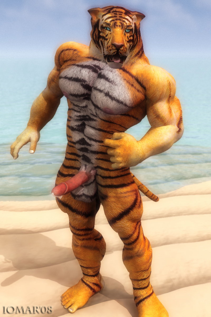 abs anthro balls beach biceps big_muscles big_penis blue_eyes cgi erection feline fur humanoid_penis iomar leaking looking_at_viewer male mammal muscles nipples nude pecs penis plantigrade pose precum presenting sand sea seaside sheath solo standing stripes tiger tongue water