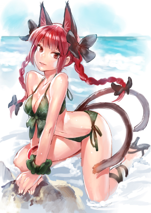 adapted_costume animal_ears arched_back bare_shoulders bikini bow braid breasts cat_ears cat_tail cleavage extra_ears front-tie_top green_bikini hair_bow high_heels kaenbyou_rin kneeling leg_ribbon lips long_hair looking_at_viewer matsuda_(matsukichi) medium_breasts multiple_tails nekomata red_eyes red_hair ribbon shoes side-tie_bikini smile solo swimsuit tail touhou twin_braids