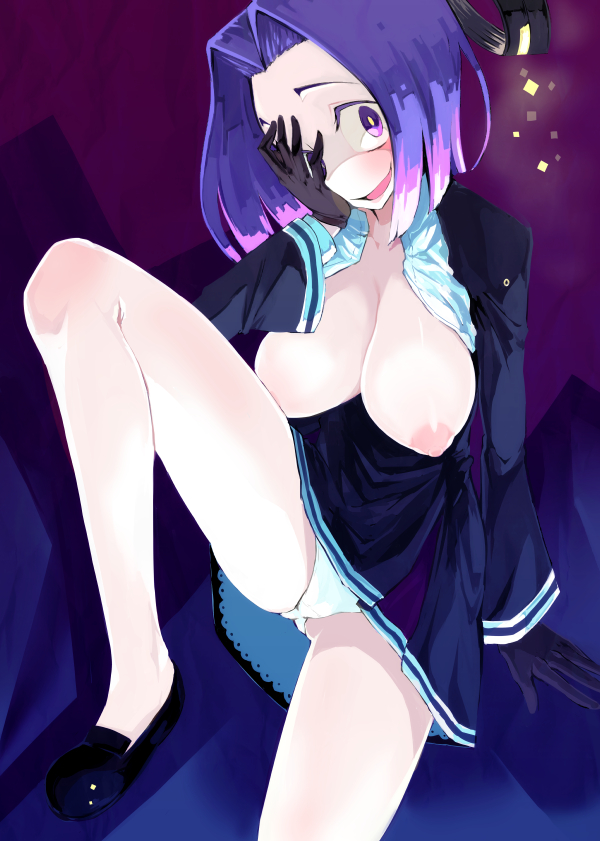blue_hair breasts dress gloves kantai_collection large_breasts nipples open_clothes open_shirt panties pantyshot shirt solo solopipb spread_legs tatsuta_(kantai_collection) underwear