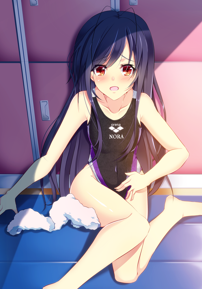 accel_world arena_(company) barefoot black_hair blush competition_swimsuit covered_navel kazeoto_kirito kuroyukihime long_hair one-piece_swimsuit open_mouth orange_eyes red_eyes school_swimsuit solo swimsuit towel