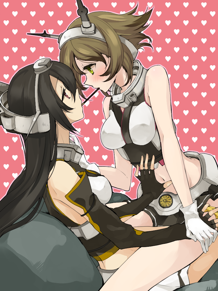bare_shoulders black_gloves black_hair blush breasts brown_hair elbow_gloves eye_contact fingerless_gloves food gloves green_eyes hairband headgear heart kantai_collection large_breasts long_hair looking_at_another midriff multiple_girls mutsu_(kantai_collection) myama nagato_(kantai_collection) navel pocky pocky_kiss red_eyes shared_food short_hair skirt white_gloves yuri