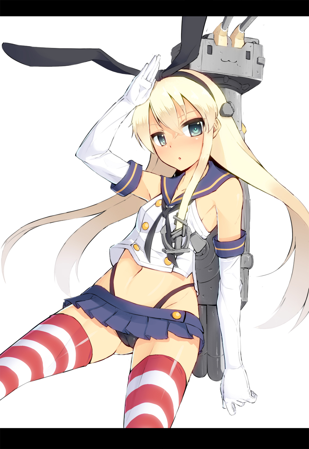 :3 anchor bad_id bad_pixiv_id black_panties blonde_hair elbow_gloves gloves green_eyes hairband highres kantai_collection kuromimi letterboxed long_hair looking_at_viewer navel panties rensouhou-chan salute shimakaze_(kantai_collection) simple_background skirt solo striped striped_legwear thighhighs underwear white_background white_gloves