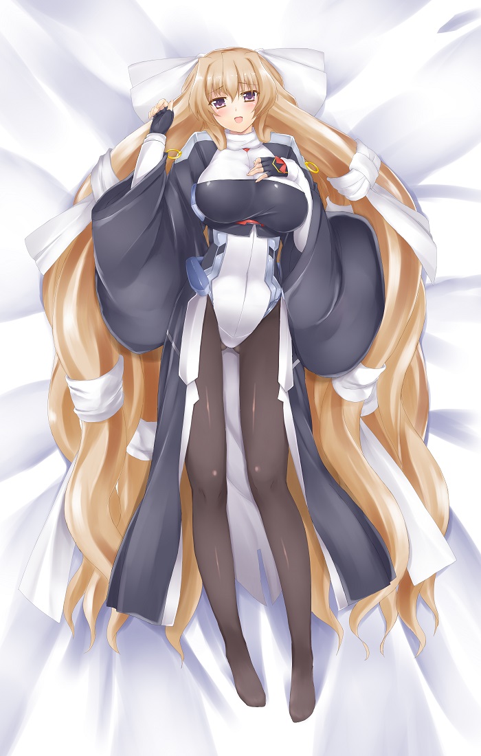 :d aoi_kimi bed_sheet black_legwear blush bodysuit bow breasts brown_hair fingerless_gloves gloves happypudding kyoukaisenjou_no_horizon large_breasts long_hair lying on_back open_mouth pantyhose purple_eyes smile solo very_long_hair