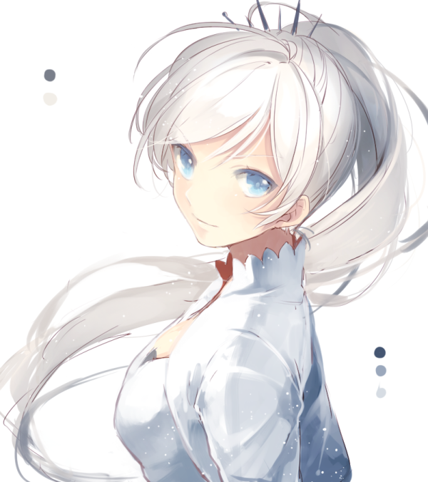artist_request blue_eyes cropped_jacket dress high_collar long_hair ponytail rwby side_ponytail smile solo tiara weiss_schnee white white_hair
