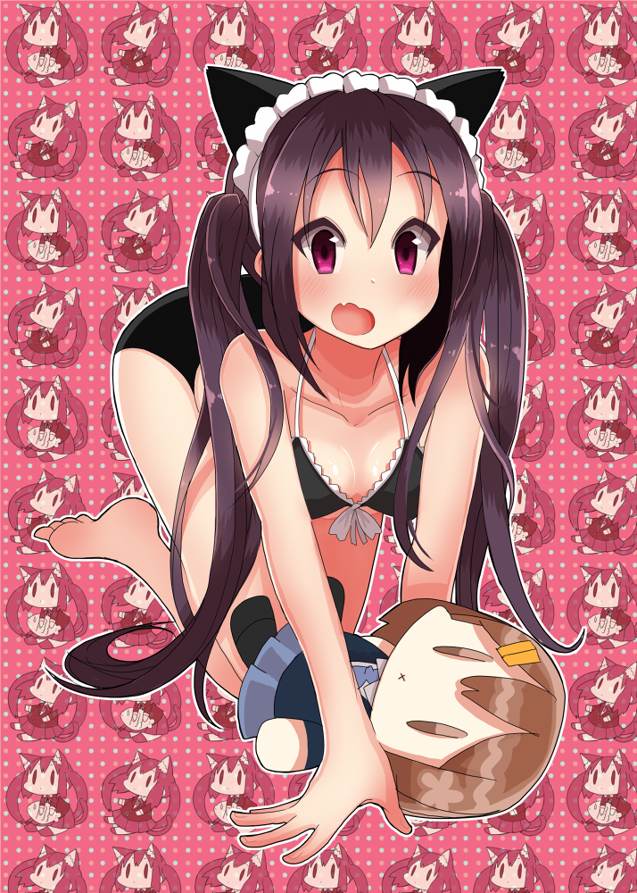 all_fours animal_ears bad_id bad_pixiv_id barefoot bikini black_hair blush breasts cat_ears cat_tail character_doll cleavage fang frilled_bikini frills front-tie_top headdress hirasawa_yui k-on! kuzu_kow looking_at_viewer medium_breasts nakano_azusa open_mouth purple_eyes solo swimsuit tail twintails