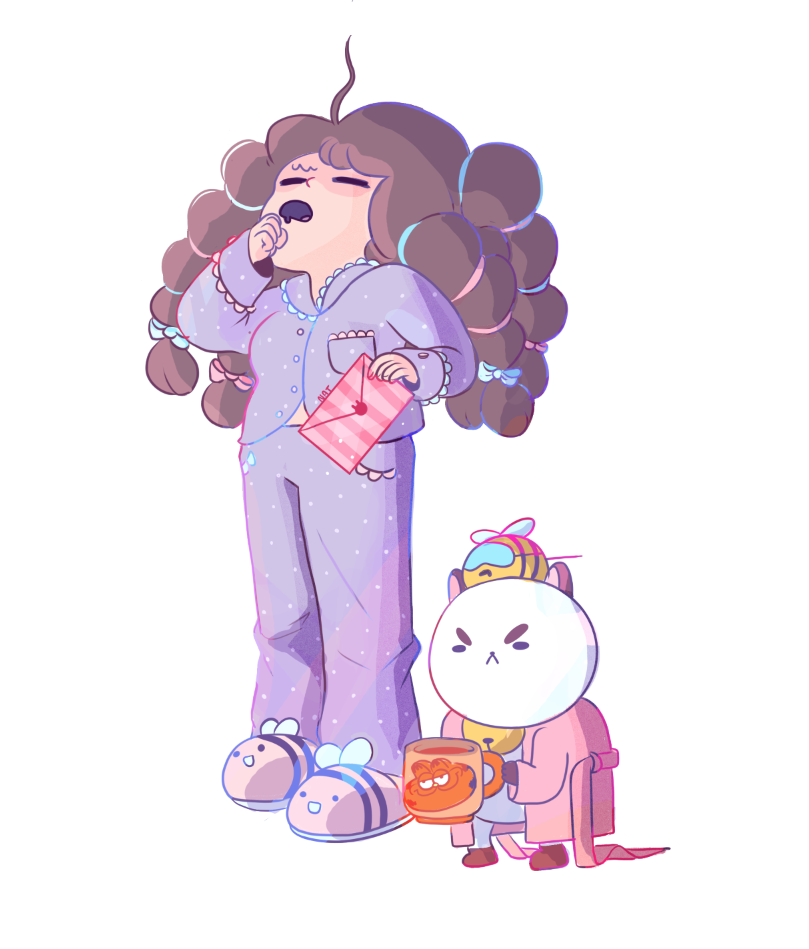 :&lt; :d ahoge animal animal_on_head artist_name bee bee_(bee_and_puppycat) bee_and_puppycat bell brown_hair bug closed_eyes envelope full_body garfield garfield_(character) hair_ribbon insect jingle_bell long_hair natasha_allegri on_head open_mouth pajamas puppycat ribbon robe simple_background slippers smile standing striped striped_pajamas white_background yawning