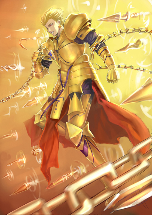 armor blonde_hair chain earrings enkidu_(weapon) exxe fate/zero fate_(series) gate_of_babylon gilgamesh hair_slicked_back jewelry male_focus red_eyes solo