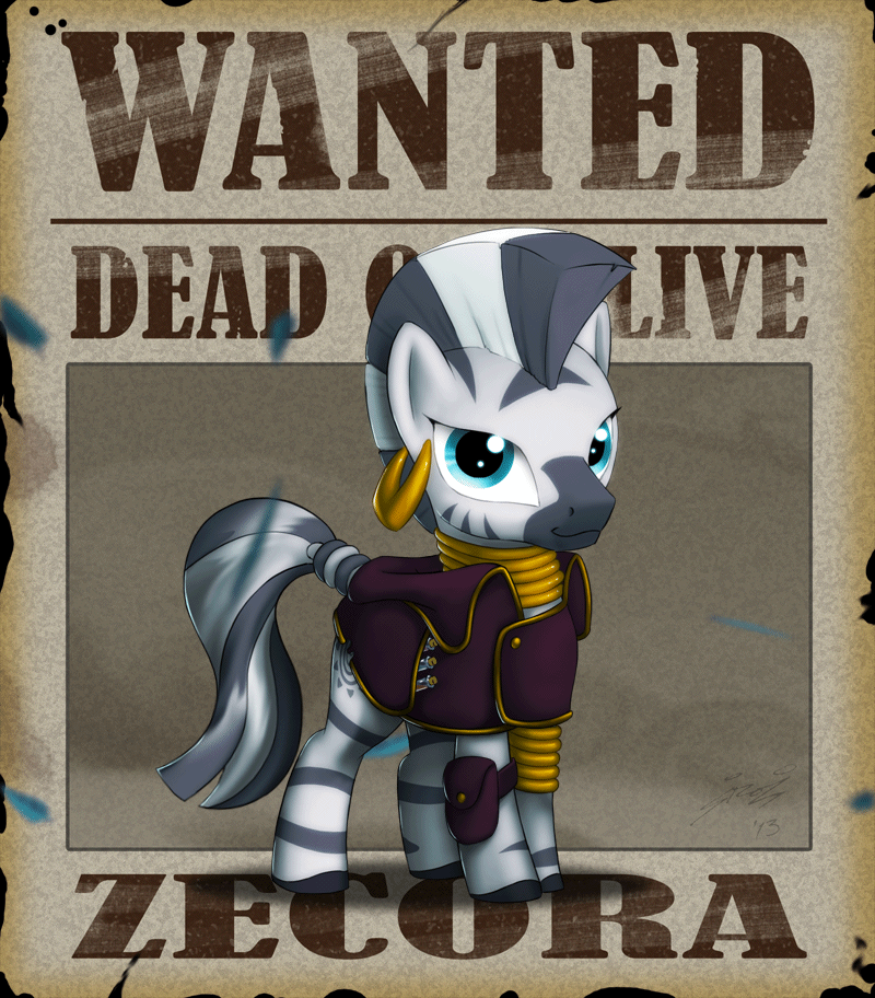 blue_eyes clothing coat cutie_mark ear_piercing equine female feral friendship_is_magic fur hair horse jewelry leaves lionheartcartoon long_hair looking_at_viewer mammal mohawk my_little_pony open_mouth piercing poster smile solo standing stripes text wanted_poster wings zebra zecora_(mlp)