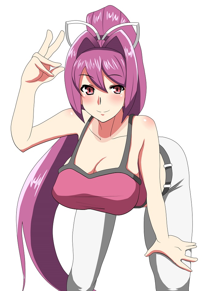bad_id bad_pixiv_id bare_shoulders bent_over blush breasts cleavage downblouse hair_intakes hair_ribbon hand_on_own_knee hanging_breasts large_breasts long_hair ponytail purple_hair red_eyes ribbon saka_i_hirokadu smile solo tank_top under_night_in-birth very_long_hair yuzuriha_(under_night_in-birth)