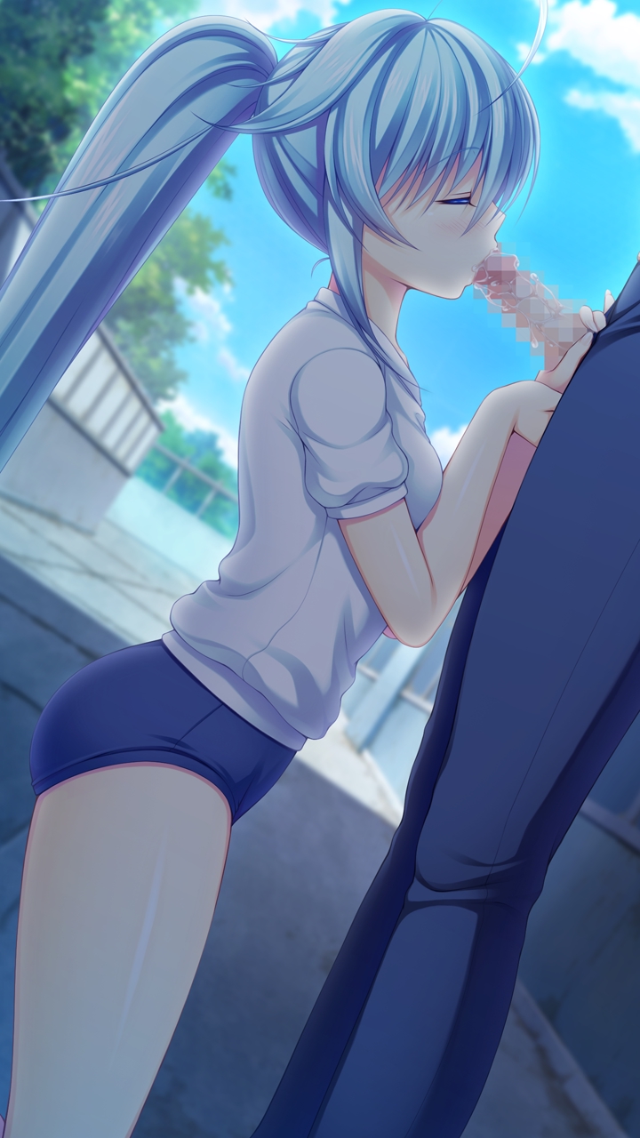 1girl applique_(company) asami_asami azurite blue_hair blush caressing_testicles censored eyes_closed game_cg gym_uniform long_hair penis ponytail re:birth_colony