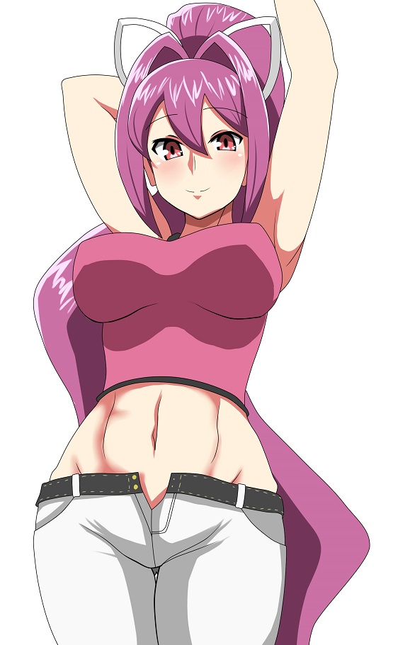armpits arms_up bad_id bad_pixiv_id blush breasts hair_intakes hair_ribbon impossible_clothes large_breasts midriff navel open_fly ponytail purple_hair red_eyes ribbon saka_i_hirokadu smile solo under_night_in-birth unzipped yuzuriha_(under_night_in-birth)