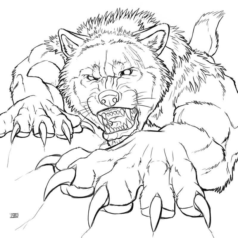 big_muscles canine claw_marks claws crawling fangs growling looking_at_viewer male mammal monochrome muscles open_mouth scar strong were werewolf wolf