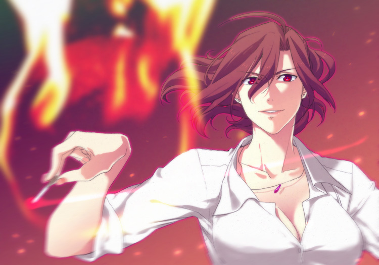 &gt;:) aozaki_touko blurry breasts cigarette cleavage depth_of_field fire floating_hair hair_between_eyes jewelry kara_no_kyoukai looking_at_viewer medium_breasts motion_blur necklace parted_lips ponytail red_eyes red_hair shirt smile solo uchida_shiki upper_body v-shaped_eyebrows white_shirt