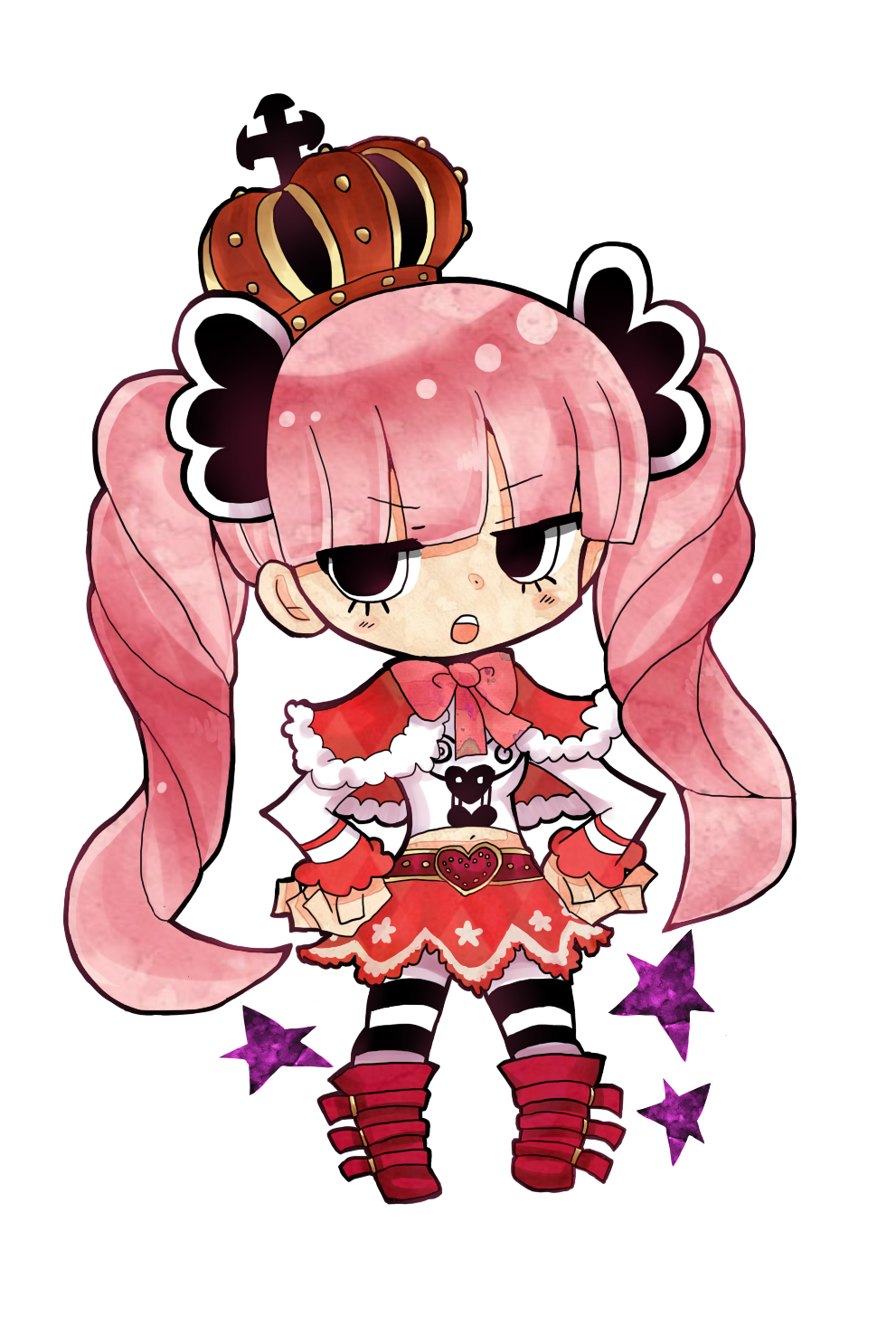 1girl bangs belt boots bow capelet chibi crown fur_trim hands_on_hips heart highres koyubisennti long_sleeves one_piece perona pink_hair red_shoes shueisha skirt solo striped_legwear twintails