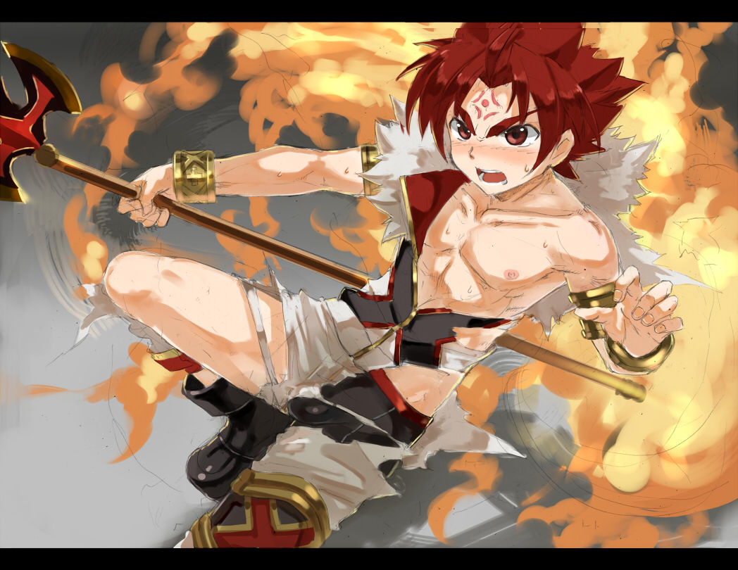 1boy amulet appllo_(shinrabanshou) armlet axe bandai blush boots boxer_briefs child fire highres humiliation male male_focus muscle nipples pants red_eyes red_hair shinrabansho shinrabanshou sleeveless sleeveless_vest solo sweatdrop tattoo teenage torn_clothes underwear vest waseda_adesaw weapon