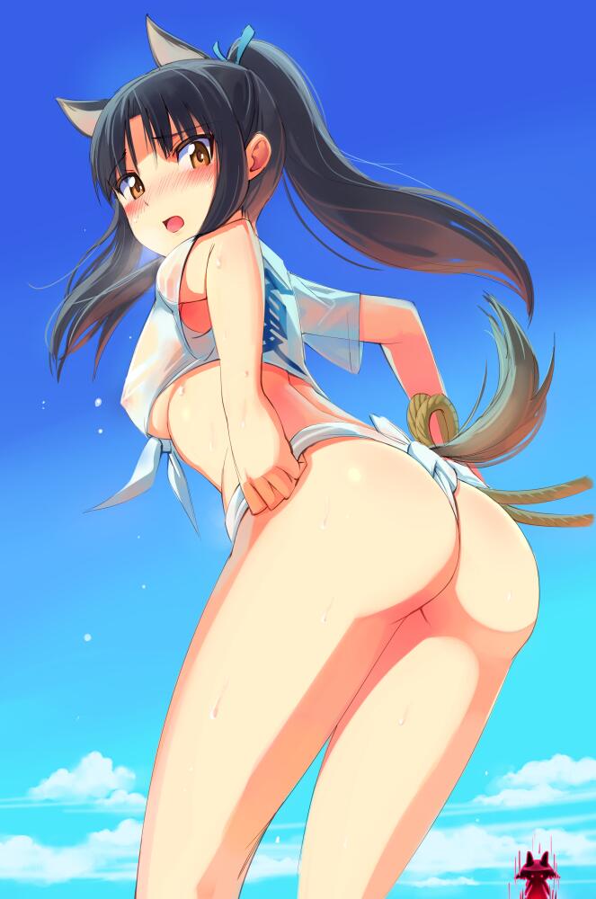 adjusting_clothes adjusting_swimsuit animal_ears ass black_hair blush breasts brown_eyes covered_nipples crop_top front-tie_top fundoshi hair_ribbon hattori_shizuka japanese_clothes jpeg_artifacts long_hair looking_at_viewer medium_breasts michairu midriff miyafuji_yoshika multiple_girls open_mouth ponytail ribbon shirt strike_witches swimsuit tail tied_shirt world_witches_series