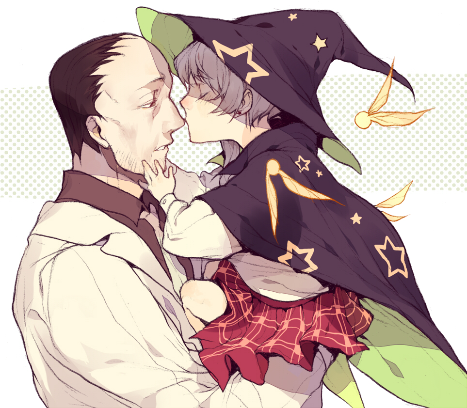 1girl age_difference cape child closed_eyes earrings facial_hair forehead gears_(scp) hat holding jewelry jotman kiss labcoat looking_at_another necktie nose_kiss parted_lips scp-239 scp_foundation short_hair size_difference skirt star witch_hat