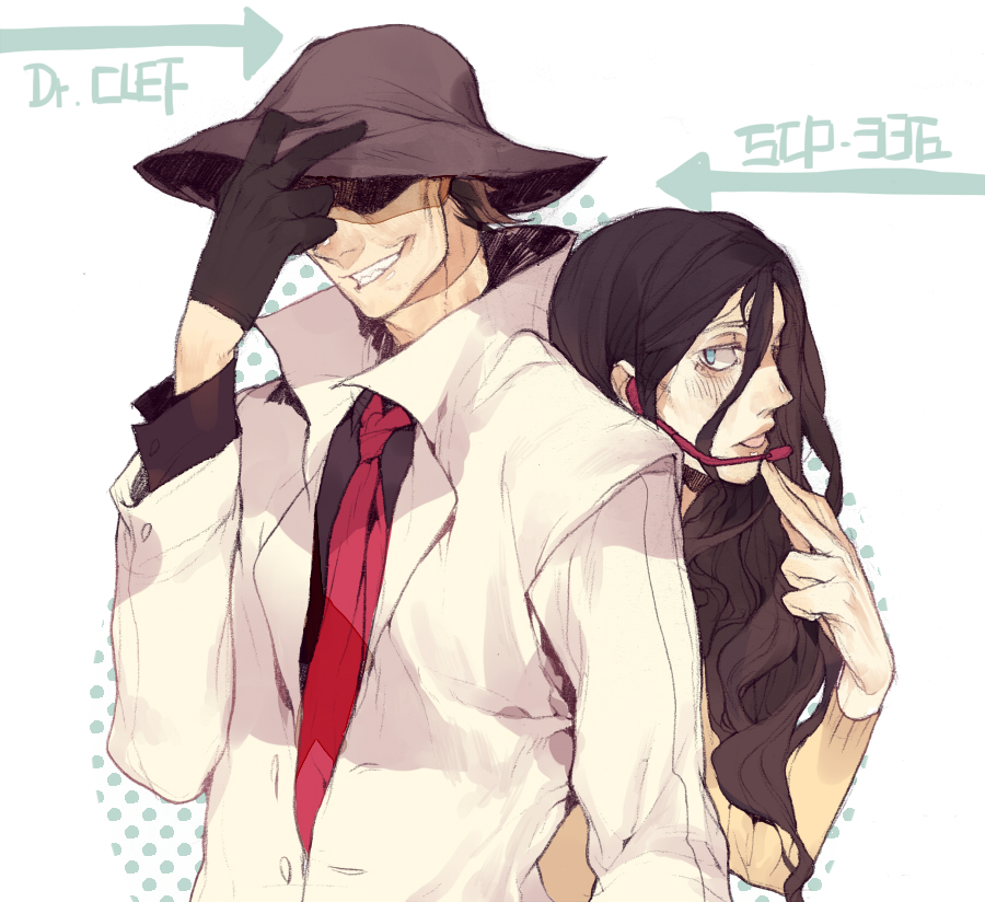 1girl alto_clef black_hair blue_eyes brown_hair character_name coat couple directional_arrow gloves grin hat_over_eyes headset height_difference jotman lips long_hair necktie open_mouth parted_lips popped_collar scp-336 scp_foundation sharp_teeth smile teeth