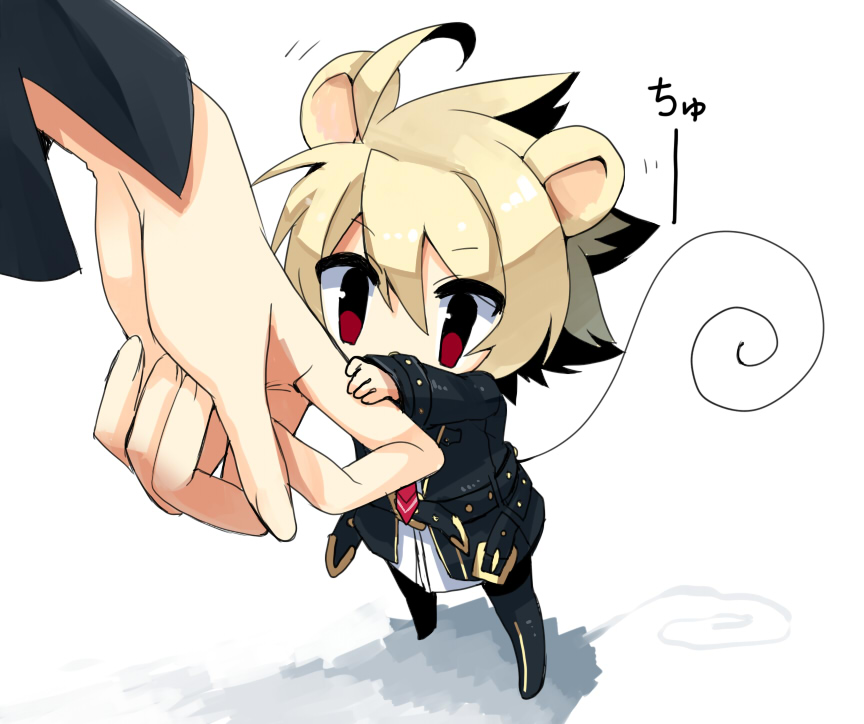 ahoge animal_ears bad_id bad_pixiv_id banned_artist black_hair blonde_hair chibi hyde_(under_night_in-birth) jacket kemonomimi_mode male_focus miniboy mouse_ears mouse_tail multicolored_hair red_eyes short_hair solo_focus tail two-tone_hair under_night_in-birth yusano